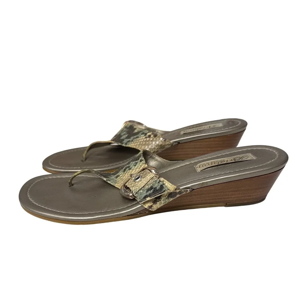 Brighton Snakeskin-Pattern Wedge Sandals in Tan and Green